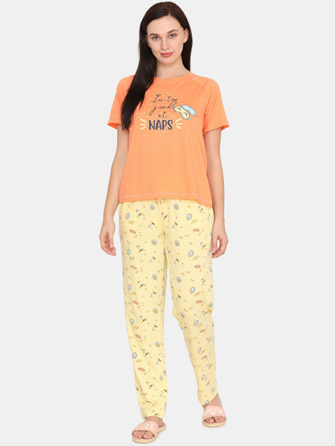 

Zivame Women Orange & Yellow Printed Cotton Night suit