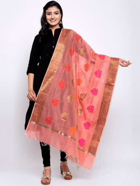 

LOOM LEGACY Peach-Coloured & Orange Banarsi Cotton Silk Jacquard Dupatta