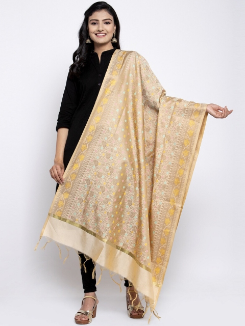 

LOOM LEGACY Beige & Gold-Toned Banarsi Cotton Silk Jacquard Dupatta