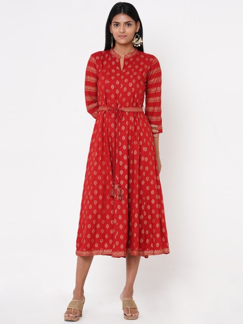 

FASHOR Women Red Printed Fit and Flare Dress
