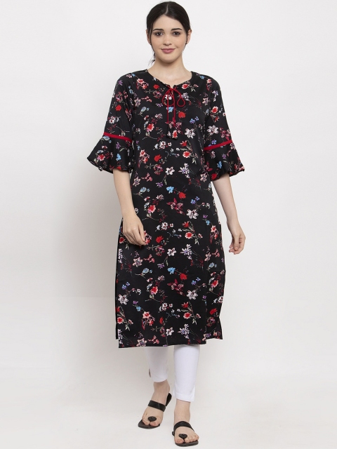 

ALC Creations Black Floral Printed Keyhole Neck Crepe Kurta