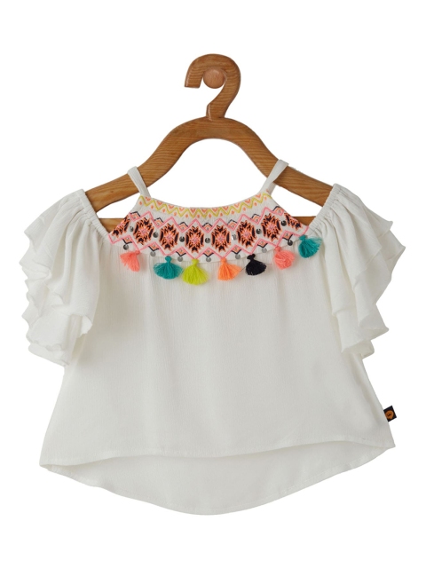 

VITAMINS Off White Geometric Embroidered Cold-Shoulder Sleeves Top