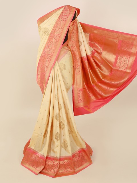 

Pothys Cream-Coloured & Gold-Toned Pure Silk Woven Design Saree