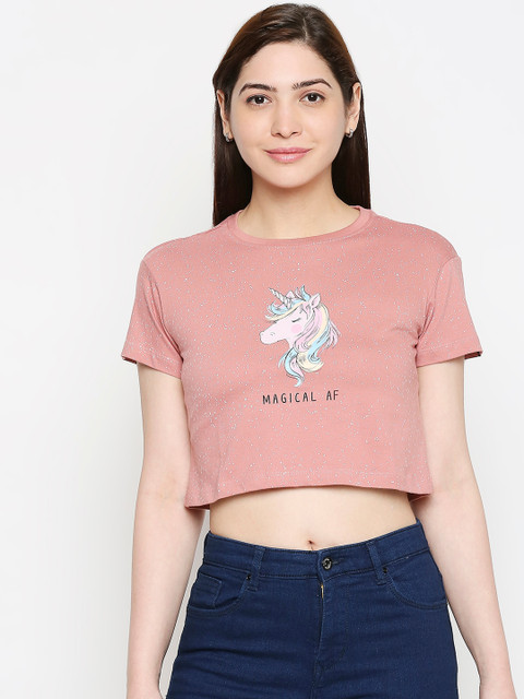 

The Souled Store Pink Printed Pure Cotton Boxy Crop Top