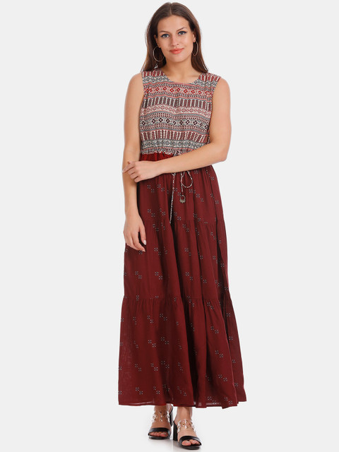 

Karigari Women Maroon & White Printed Maxi Dress