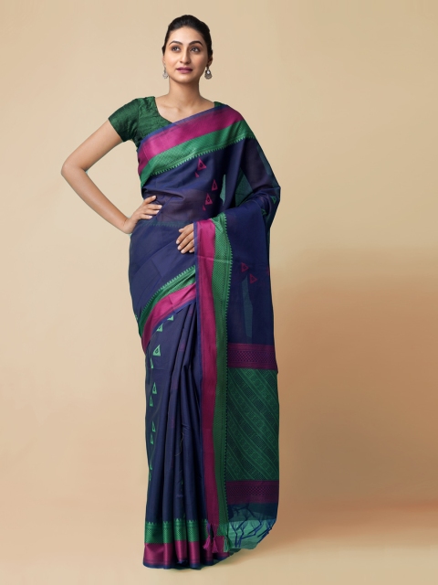 

Unnati Silks Blue & Green Silk Cotton Woven Design Baluchari Saree