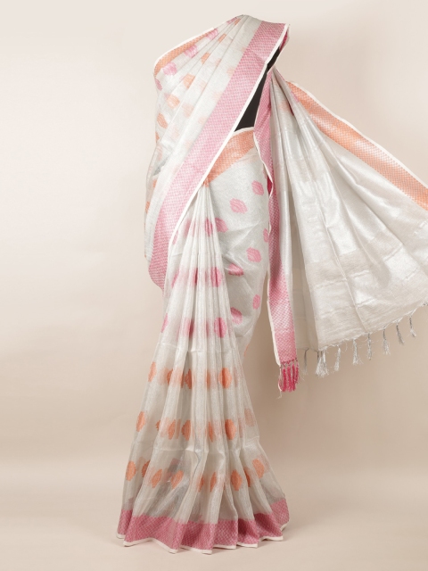 

Pothys Silver-Toned & Pink Linen Blend Woven Design Saree With Tasselled Pallu