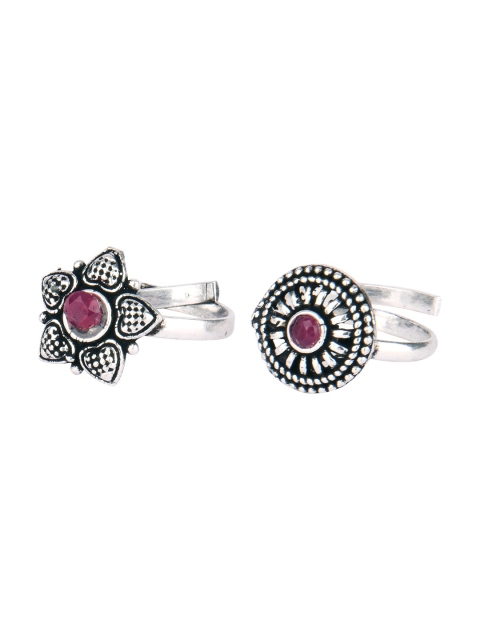 

DESI COLOUR Oxidised Silver-Toned Red Stone Studded Adjustable Finger Ring