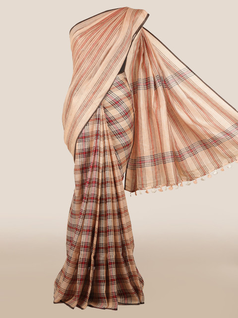 

Pothys Peach-Coloured Checked Linen Blend Saree