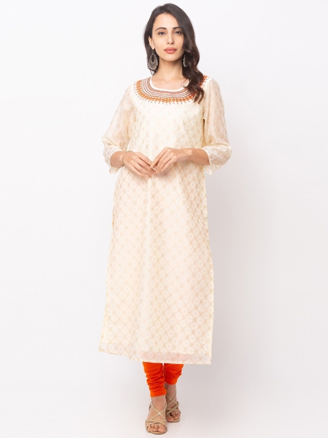Globus Women Beige Woven Design Chanderi Silk Kurta
