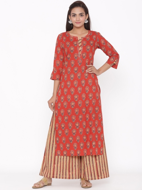 

Silai Bunai Women Red & Beige Printed Kurta with Palazzos