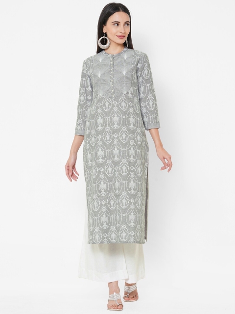 

FASHOR Women Grey Embroidered Straight Kurta