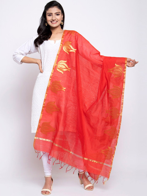 

LOOM LEGACY Red & Gold-Toned Banarsi Cotton Silk Jacquard Dupatta