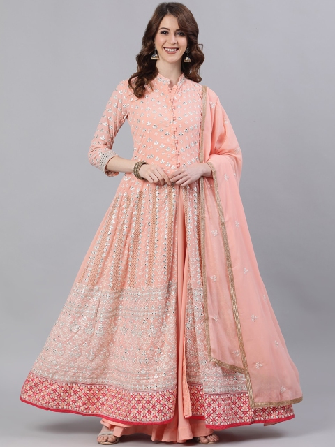 

Ishin Women Peach-Coloured Embroidered Kurta with Skirt & Dupatta