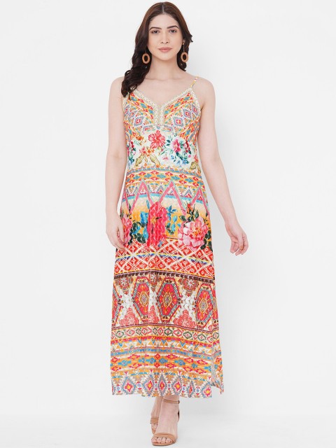 

bebe Women Beige & Orange Printed Maxi Dress