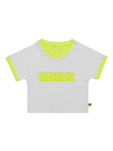 

Kid Studio Girls White & Fluorescent Green Printed Pure Cotton Top