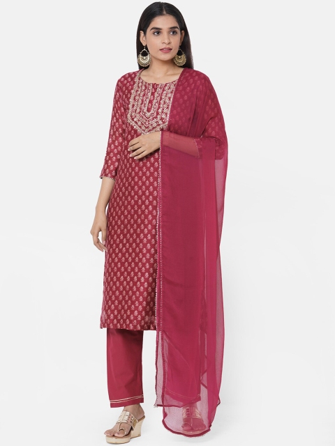 

FASHOR Women Maroon Woven Design Kurta with Palazzos & Dupatta