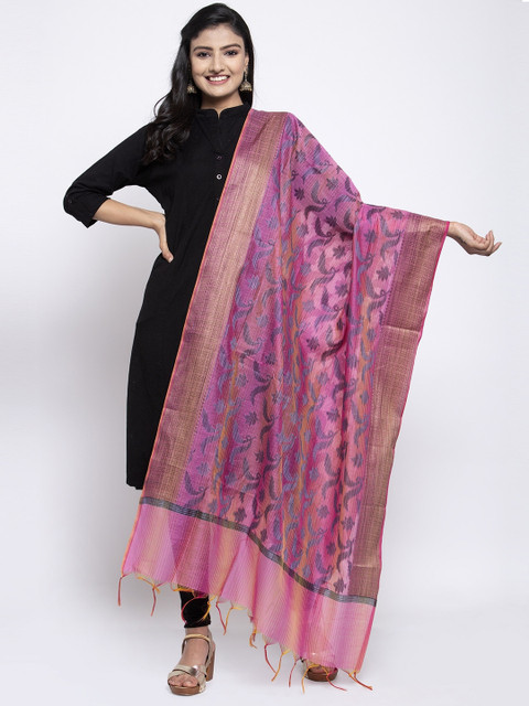 

LOOM LEGACY Pink & Blue Banarsi Cotton Silk Jacquard Dupatta