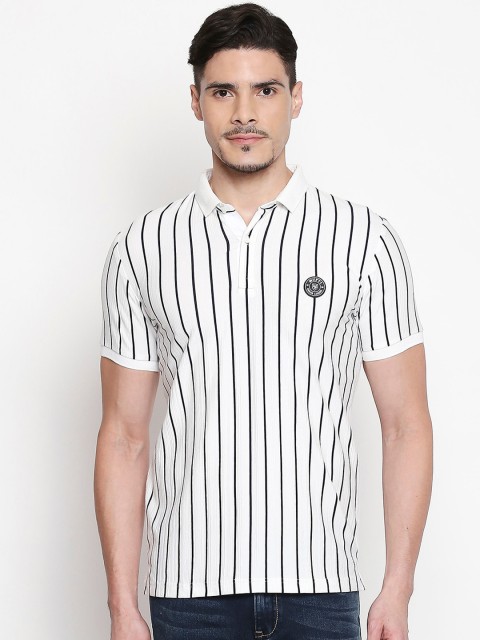 

Mufti Men White & Navy Blue Striped Slim Fit Polo Collar T-shirt
