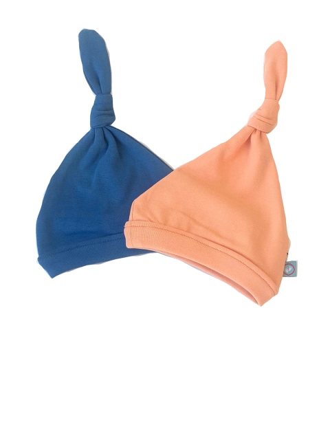 

cherrytoes Unisex Kids Peach-Coloured & Blue Solid Beanie Combo