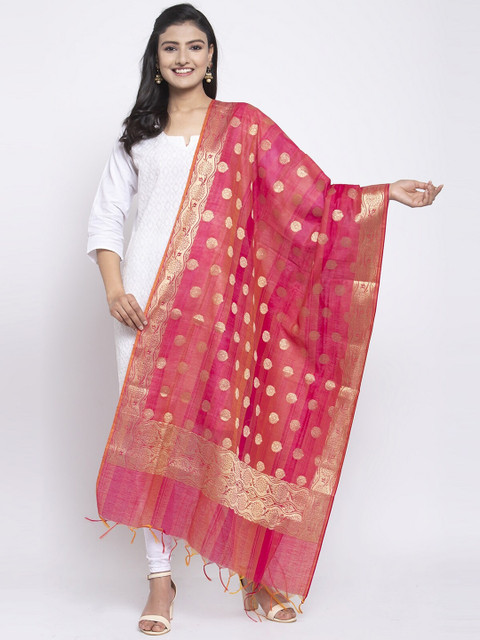 

LOOM LEGACY Magenta & Gold-Toned Banarsi Cotton Silk Jacquard Dupatta