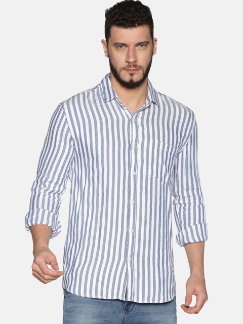 

UrGear Men White & Blue Slim Fit Striped Cotton Casual Shirt