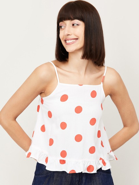 

Ginger by Lifestyle White & Red Polka Dots Printed A-Line Top