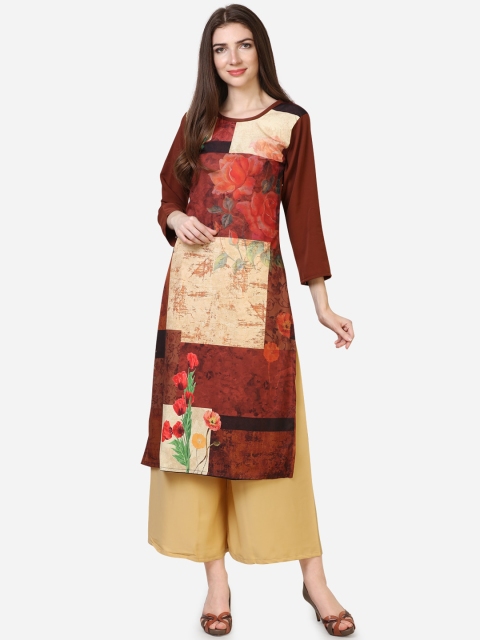 

Silk Bazar Brown & Cream-Coloured Floral Printed Crepe Kurta