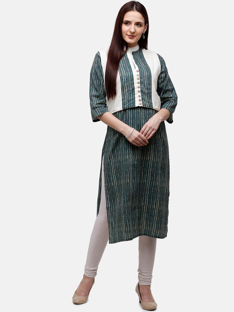 

Rasada Women White & Green Striped Printed Kurta