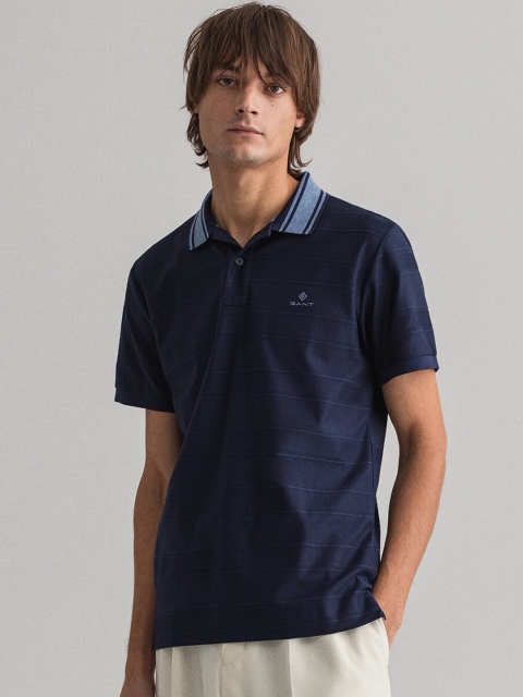 

GANT Men Blue Striped Polo Collar T-shirt