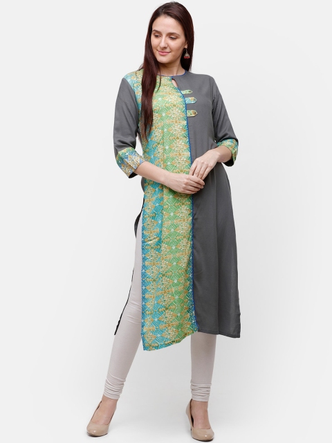 

Rasada Women Grey & Green Printed Keyhole Neck Kurta