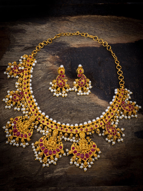 

Alankruthi Gold-Plated & Pink Stone Studded Beaded Lakshmi Motif Jewellery Set