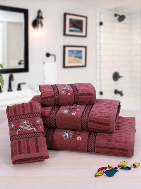 

RANGOLI Unisex Set of 4 Brown & White Embroidery Cotton Towels