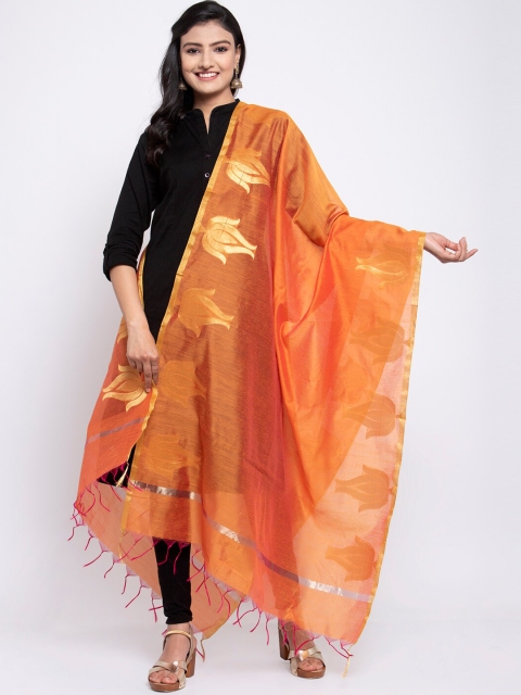 

LOOM LEGACY Orange & Gold-Toned Banarsi Cotton Silk Jacquard Dupatta