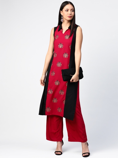 ZIYAA Women Red & Black Printed Kurta with Palazzos & Dupatta