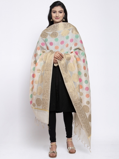 

LOOM LEGACY White & Gold-Toned Banarsi Cotton Silk Jacquard Dupatta