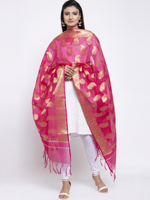 

LOOM LEGACY Magenta & Gold-Toned Banarsi Cotton Silk Jacquard Dupatta
