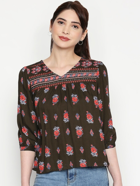 

People Women Olive Green Printed Top