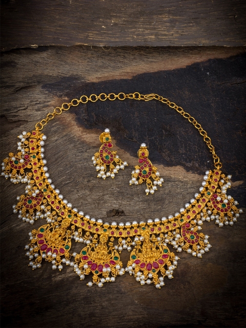 

Alankruthi Gold-Plated Off-White & Pink Stone Studded Beaded Lakshmi Motif Jewellery Set