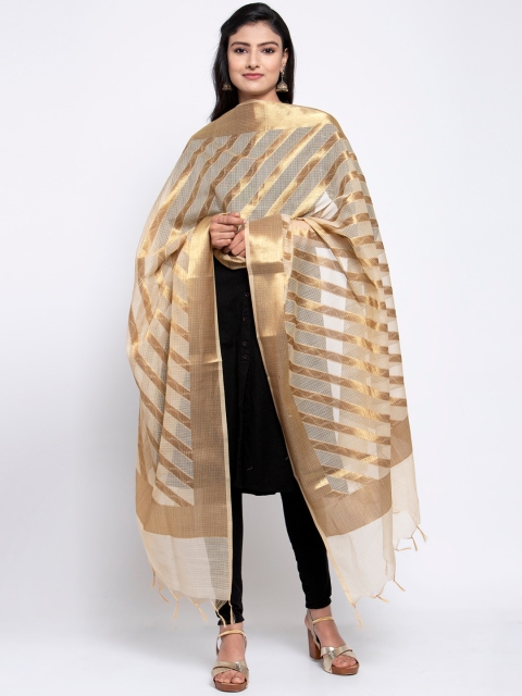 

LOOM LEGACY Gold-Toned & Beige Banarsi Cotton Silk Jacquard Dupatta