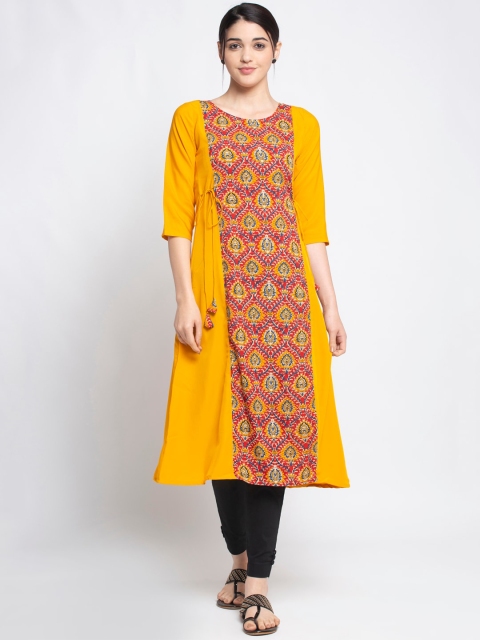

ALC Creations Yellow Ethnic Motifs Printed Crepe Round Neck Regular Sleeves Kurta