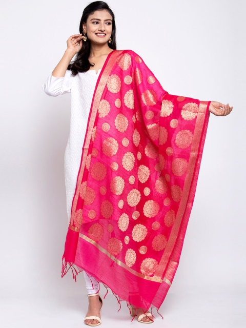 

LOOM LEGACY Magenta & Gold-Toned Banarsi Cotton Silk Jacquard Dupatta