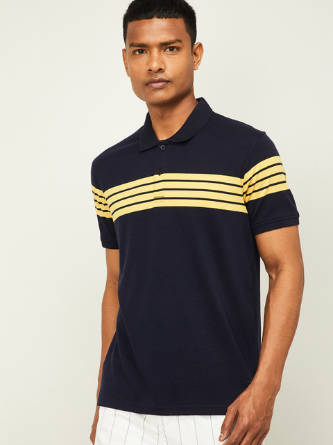 

CODE by Lifestyle Men Navy Blue Striped Polo Collar T-shirt