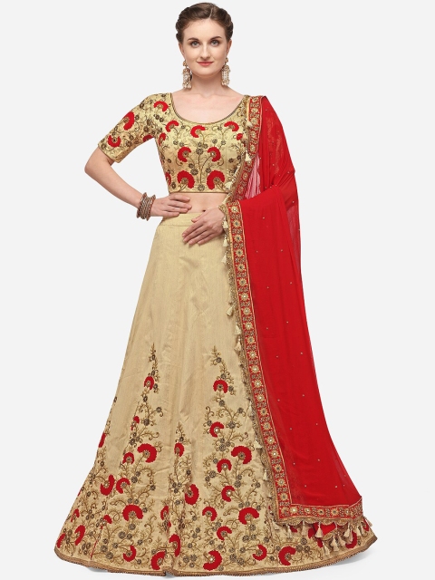

NAKKASHI Beige & Red Embroidered Semi-Stitched Lehenga & Unstitched Blouse with Dupatta