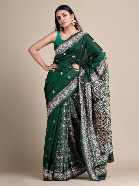 

Mitera Green Embroidered Pure Silk Designer Saree