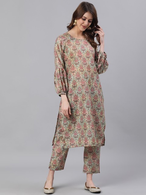 

Ishin Women Green & Beige Printed Kurta with Trousers