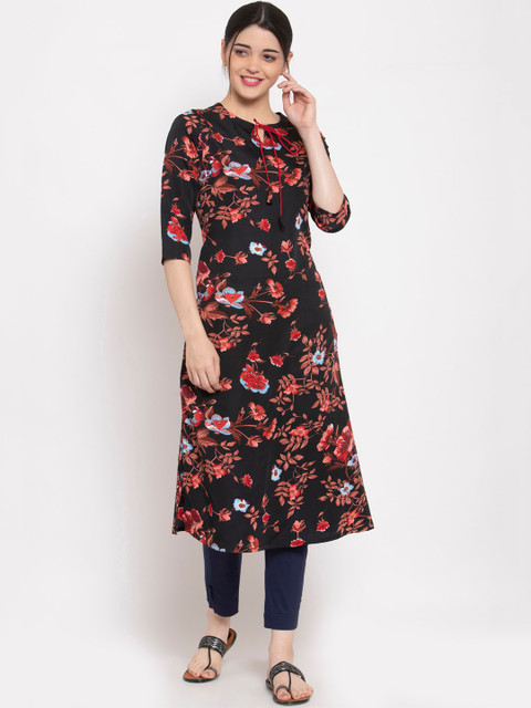 

ALC Creations Black Floral Printed Keyhole Neck Crepe Kurta