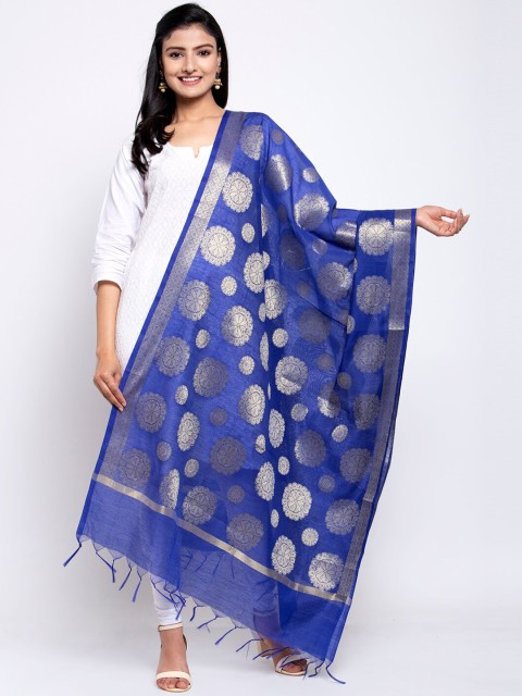 

LOOM LEGACY Blue & Silver-Toned Banarsi Cotton Silk Jacquard Dupatta