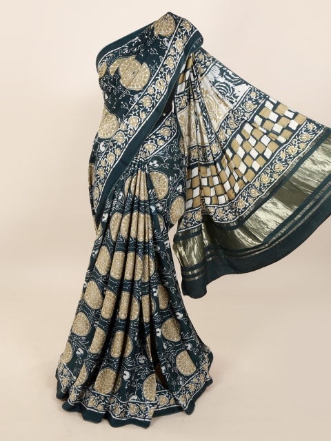 

Pothys Blue Pure Silk Printed Dabu Saree