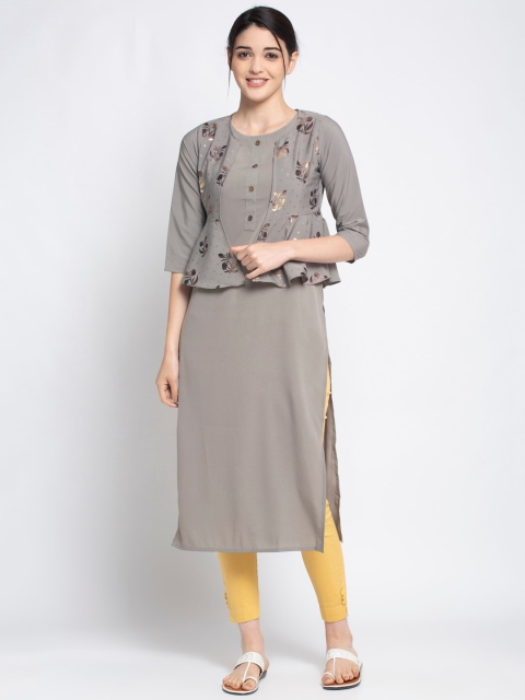 

ALC Creations Grey Crepe Solid Round Neck Sleeveless Kurta